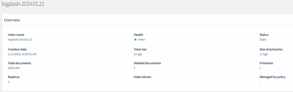 OpenSearch index for half a day: ~ 12 GB of data